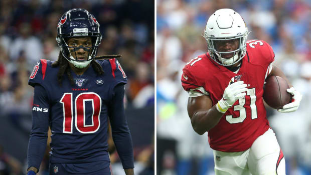 Split image of DeAndre Hopkins and David Johnson, subjects of Texans-Cardinals trade